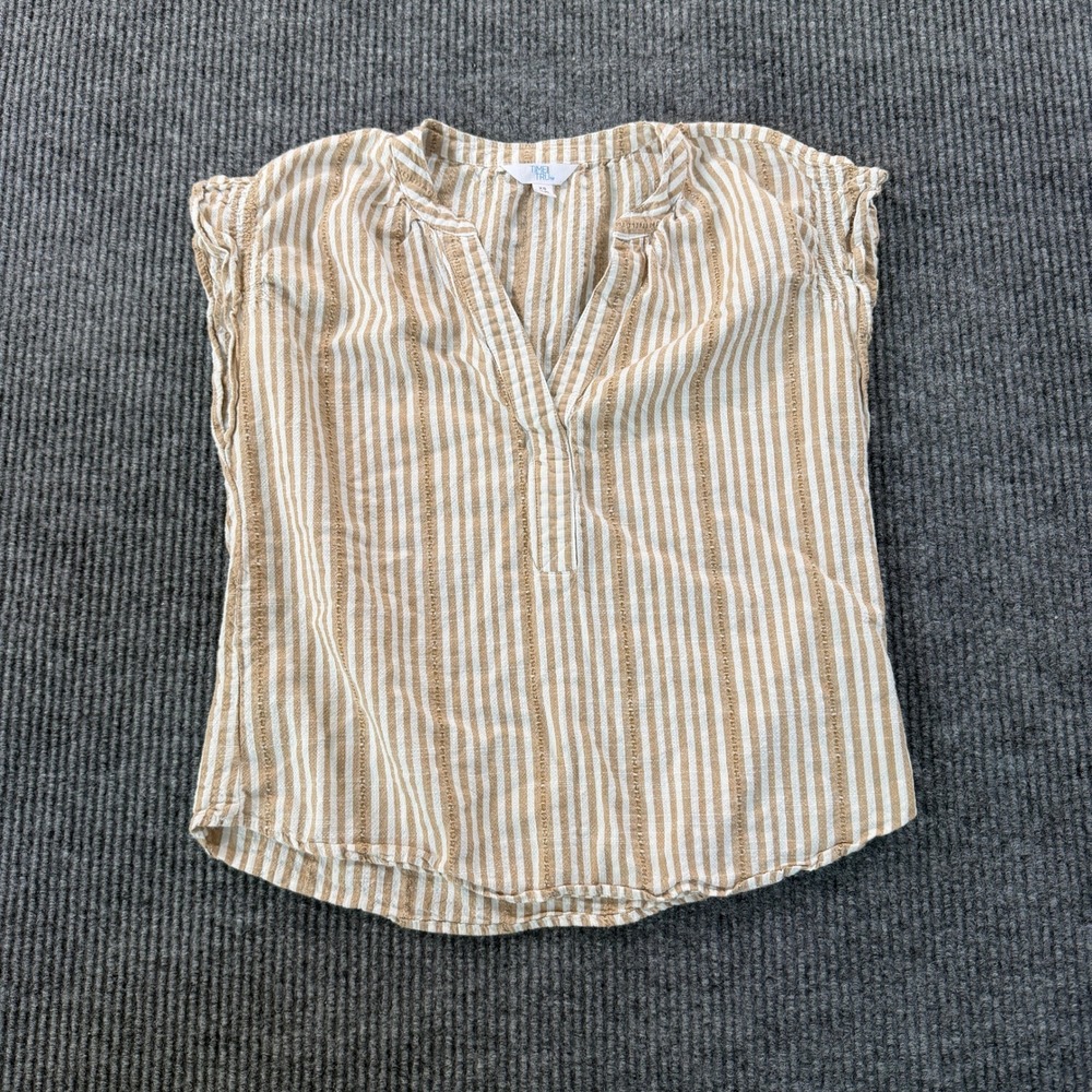 Time and Tru Women Striped Cap Sleeve Blouse XS Tan White Cotton Blend